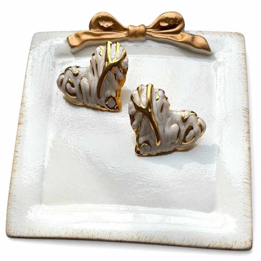 White Heart Earrings with Gold accents
